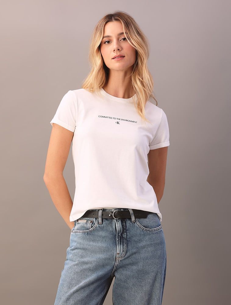 Camiseta Calvin Klein Jeans Feminino Organic Frase - Off White - Camiseta Calvin Klein Jeans Feminino Organic Frase Off White Pp