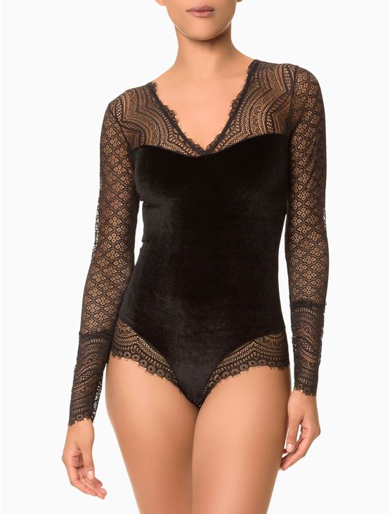 Body Manga Longa Veludo E Renda Preto Calvin Klein Mobile Calvinklein