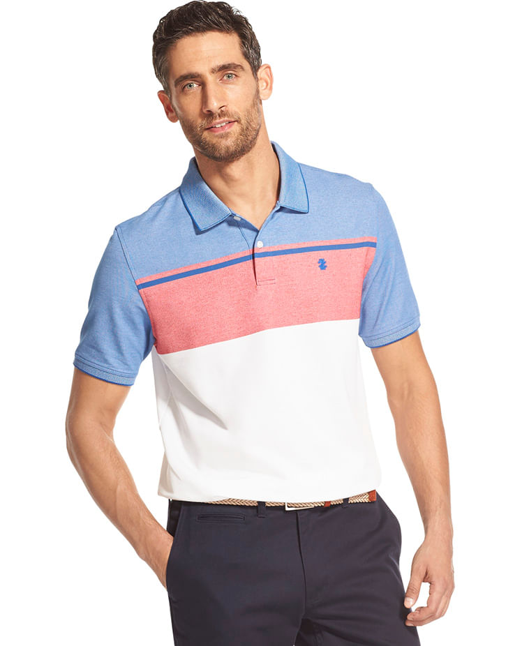 Polo Piquet Manga Curta Regular Masculino Tricolor Azul Médio Izod