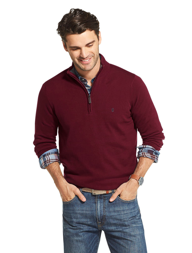 Suéter Tricot Meio Zíper Regular Masculino Vermelho Escuro Izod