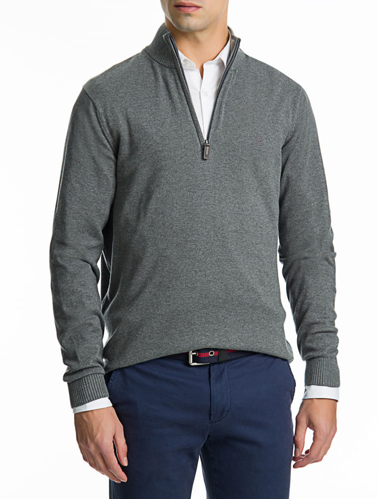 Suéter Tricot Meio Zíper Regular Masculino Cinza Chumbo Izod