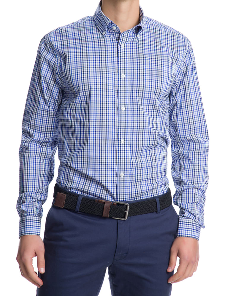 Camisa Xadrez Manga Longa Regular Masculina Azul Izod