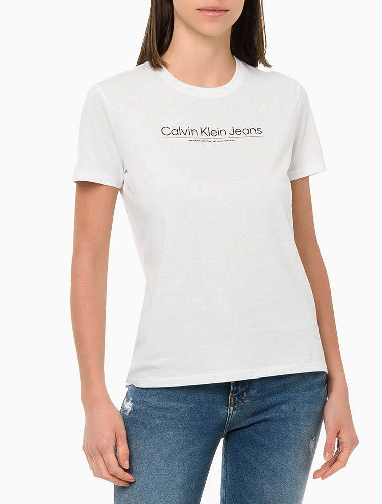 Blusa Feminina Slim Básica Estampada Logo Faixa Cidades Branca Calvin Klein Jeans