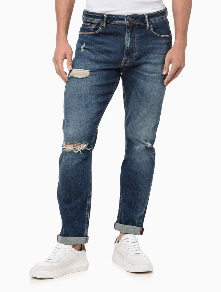 Calça Jeans Masculina Straight Puídos e Embossed Calvin Klein Jeans - Marinho