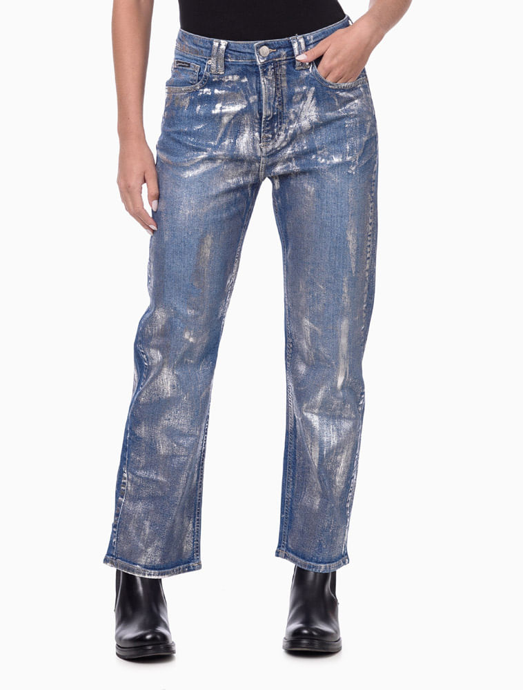 Calça Jeans Feminina Straight Foil Prata Calvin Klein Jeans - Azul Médio