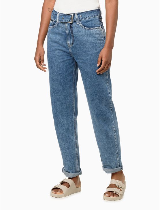 Calça Jeans Feminina Mom Com Cinto - Azul Médio Calça Jeans Feminina Mom Com Cinto Azul Médio 36