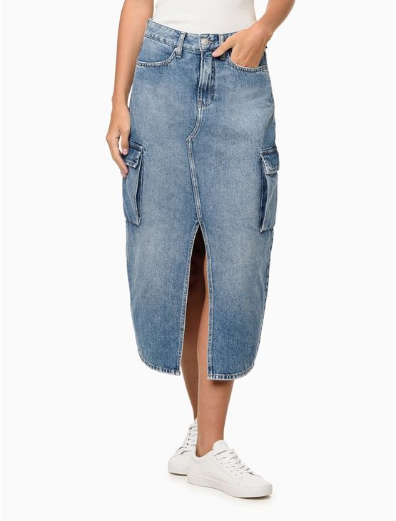 Saia Jeans Feminina Longa Cargo Calvin Klein Jeans – Azul Médio Saia Jeans Feminina Longa Cargo Calvin Klein Jeans Azul Médio 36
