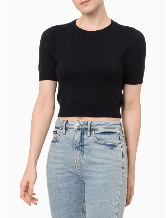 Camiseta Feminina Cropped Tricot Calvin Klein Jeans - Preto Camiseta Feminina Cropped Tricot Calvin Klein Jeans Preto Pp