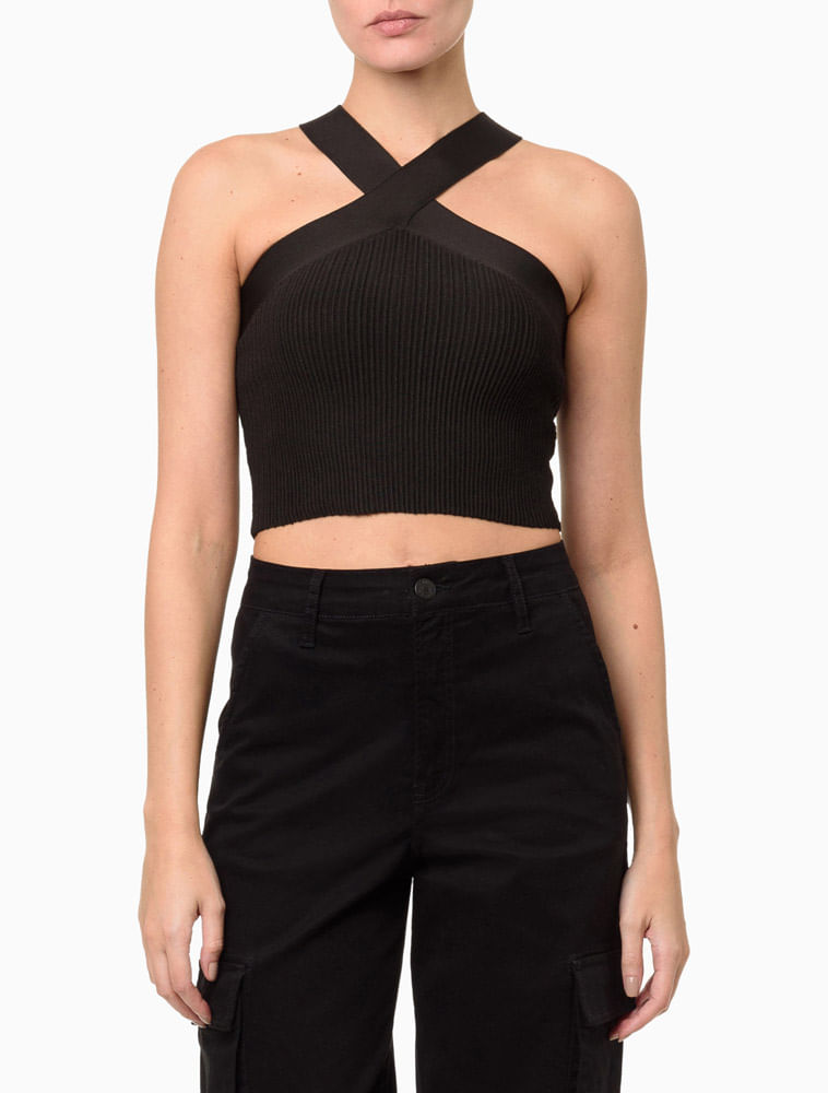 Top Feminino Tricot Decote Cruzado Calvin Klein Jeans - Preto