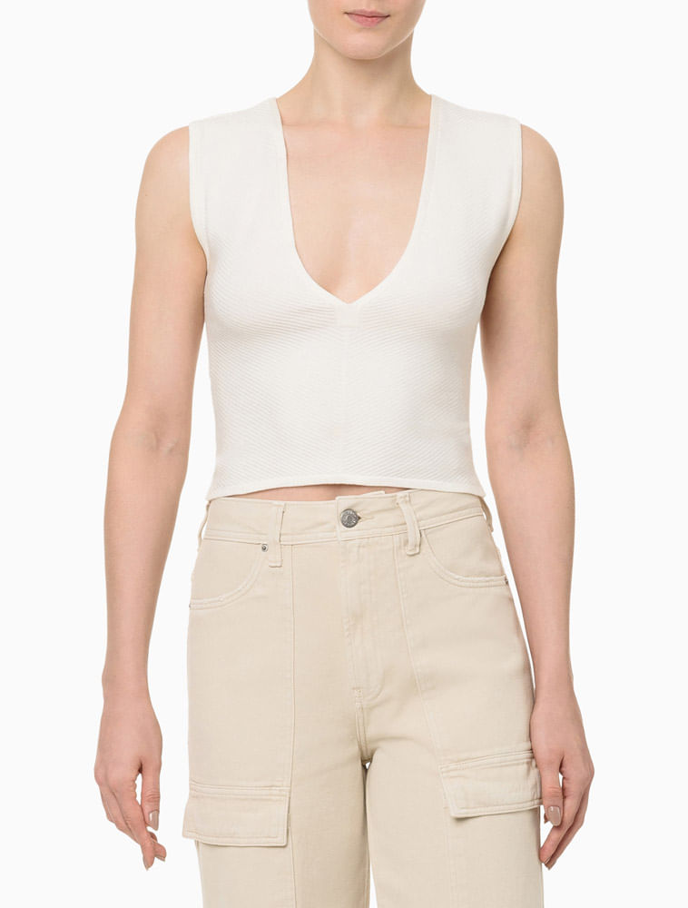 Top Feminino Tricot Decote v Canelado Calvin Klein Jeans - Off White