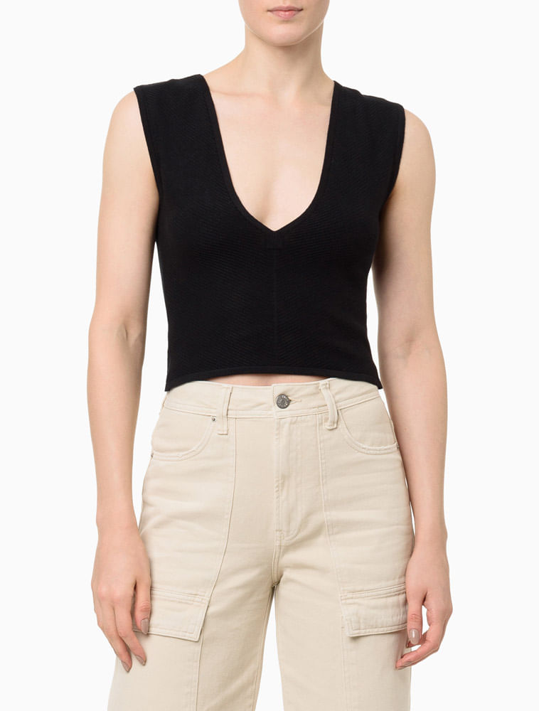 Top Feminino Tricot Decote v Canelado Calvin Klein Jeans - Preto