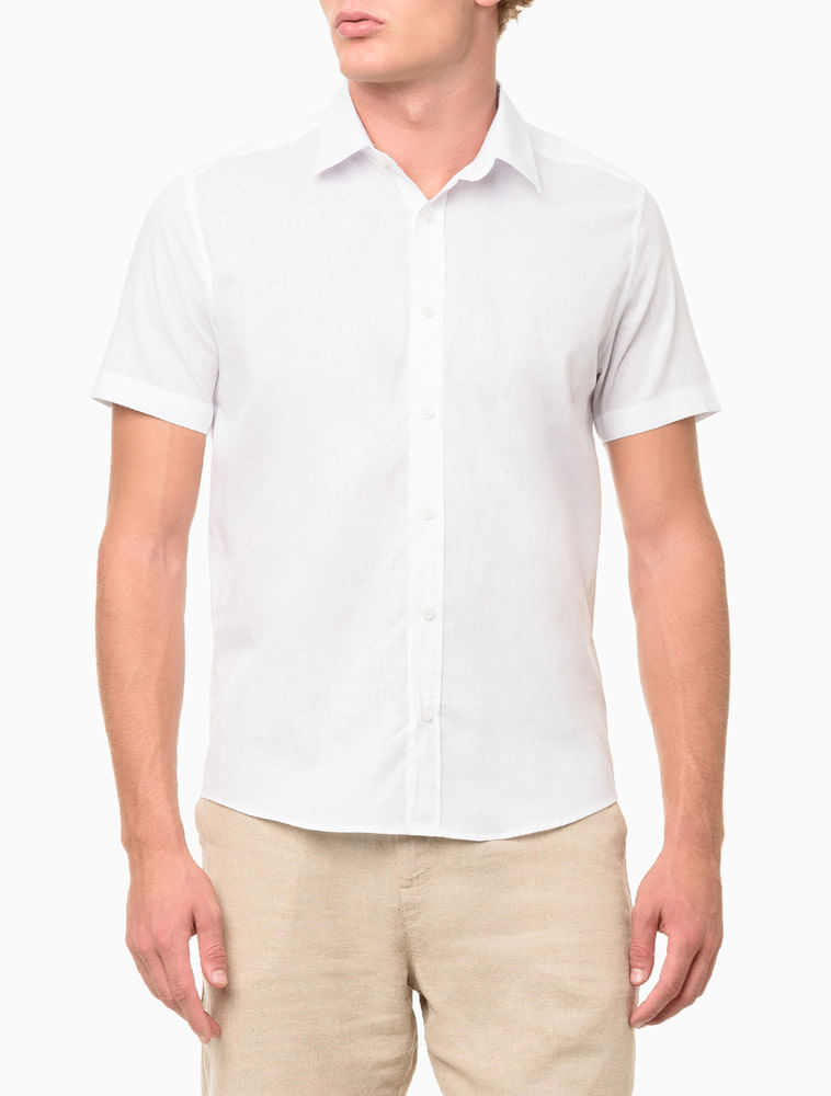 Camisa Masculina Cotton Linen Bordado - Branco