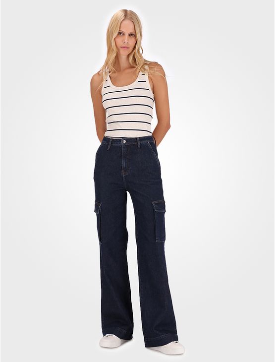 Calça Jeans Feminina Wide Leg Cargo - Marinho Calça Jeans Feminina Wide Leg Cargo Marinho 42