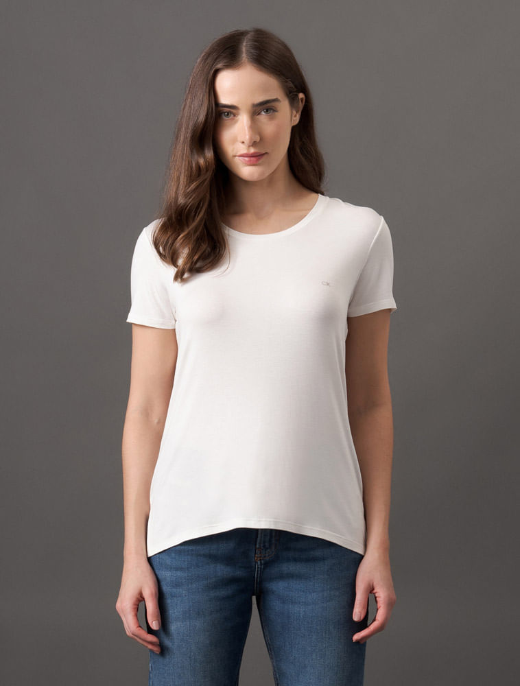 Camiseta Feminina Básica Canoa Recortes Calvin Klein - Off White - Camiseta Feminina Básica Canoa Recortes Calvin Klein Off White Gg