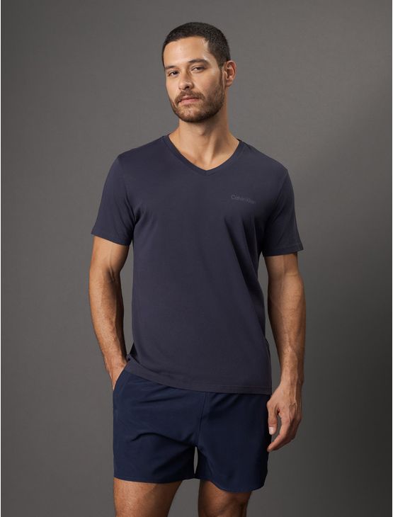 Camiseta Manga Curta Decote v Logo No Peito Calvin Klein Swimwear - Azul Marinho Camiseta Manga Curta Decote v Logo No Peito Calvin Klein Swimwear Azul Marinho p
