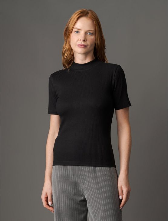Blusa Feminina Canelada Manga Curta Calvin Klein – Preto Blusa Feminina Canelada Manga Curta Calvin Klein Preto m