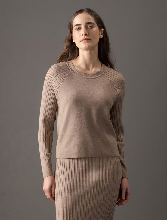 Tricot Feminino Cropped Cava Raglan Calvin Klein - Havana Tricot Feminino Cropped Cava Raglan Calvin Klein Havana p