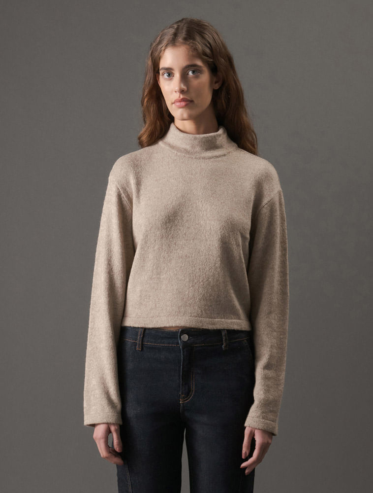 Tricot Feminino Cropped Gola Alta Calvin Klein Jeans - Caqui Claro