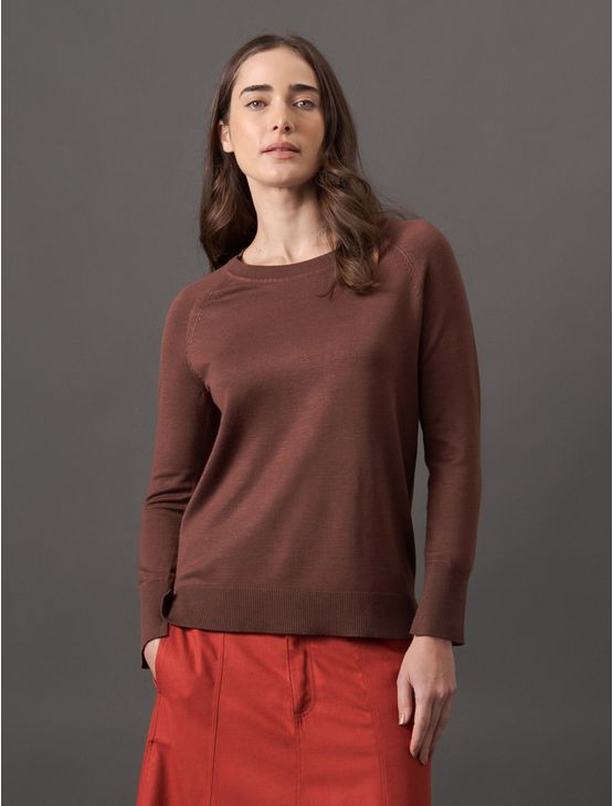 Tricot Feminino Raglan Decote Careca Calvin Klein - Marrom Tricot Feminino Raglan Decote Careca Calvin Klein Marrom Pp