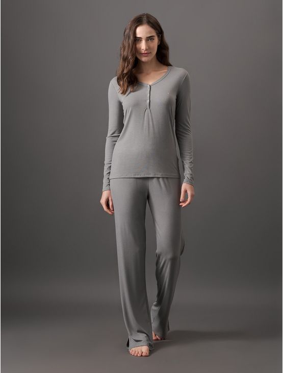 Pijama Feminino Manga Longa e Calça Canelada Calvin Klein Underwear - Light Grey Pijama Feminino Manga Longa e Calça Canelada Calvin Klein Underwear Light Grey m