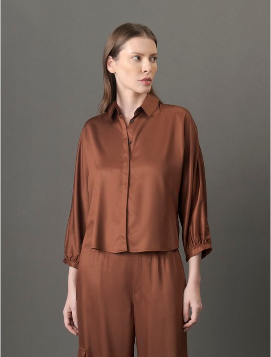Camisa Feminina Cropped Manga Longa Calvin Klein - Marrom Camisa Feminina Cropped Manga Longa Calvin Klein Marrom 40