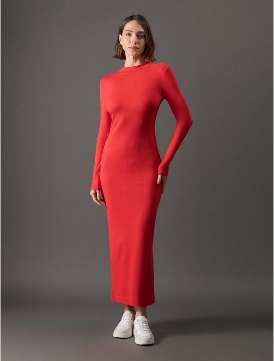 Vestido Feminino Trançador Manga Longa Calvin Klein Jeans - Vermelho Vestido Feminino Trançador Manga Longa Calvin Klein Jeans Vermelho Pp