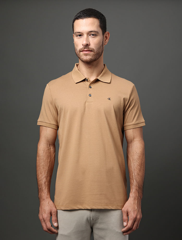 Polo Masculina Básica Smooth Cotton Calvin Klein - Caqui Medio