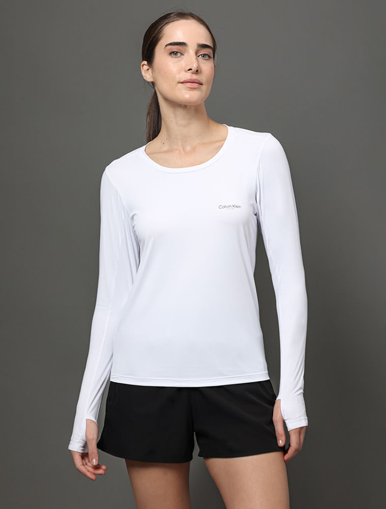 Camiseta Feminina Manga Longa Mesh Calvin Klein Sport - Branco 2 - Camiseta Feminina Manga Longa Mesh Calvin Klein Sport Branco 2 Gg
