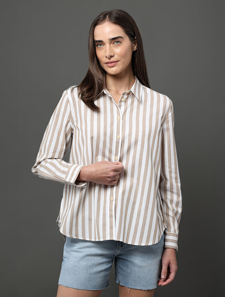 Camisa Feminina Listrada Calvin Klein Jeans - Caqui Claro