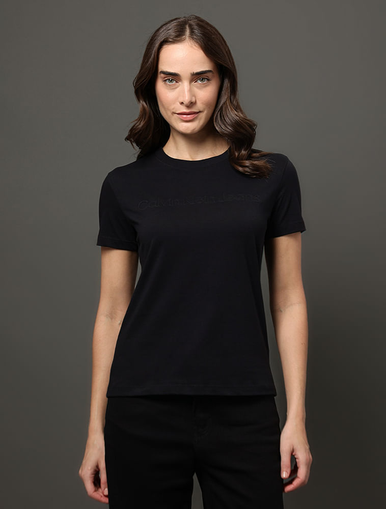 Camiseta Feminina Bordado Alto Relevo Calvin Klein Jeans - Preto