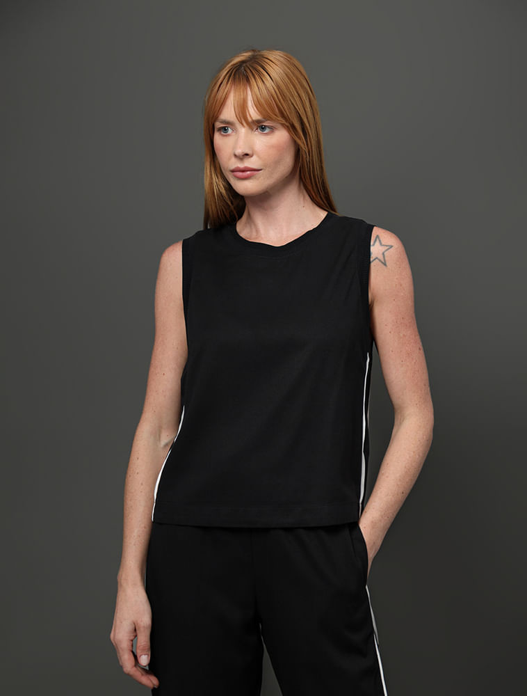 Regata Feminino Friso Contrastante Calvin Klein Jeans - Preto