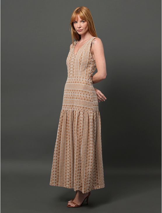 Vestido Feminino Longo de Laise Calvin Klein - Caqui Medio Vestido Feminino Longo de Laise Calvin Klein Caqui Medio 38