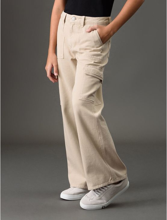 Calça Menina Wide Leg Cargo Calvin Klein Jeans - Caqui Claro Calça Menina Wide Leg Cargo Calvin Klein Jeans Caqui Claro 14