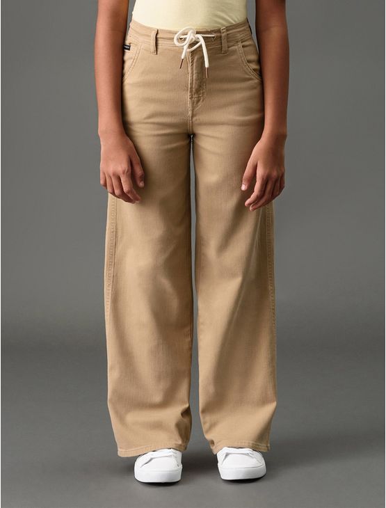 Calça Menina Wide Leg Com Cadarço Calvin Klein Jeans - Caqui Claro Calça Menina Wide Leg Com Cadarço Calvin Klein Jeans Caqui Claro 10