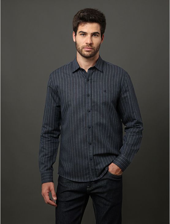 Camisa Masculina Linen Stripes Calvin Klein Jeans - Marinho Camisa Masculina Linen Stripes Calvin Klein Jeans Marinho Ggg
