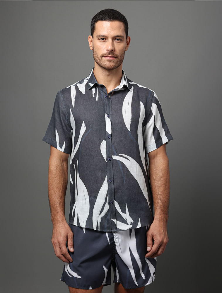 Camisa Masculina Linho Estampado Calvin Klein - Marinho