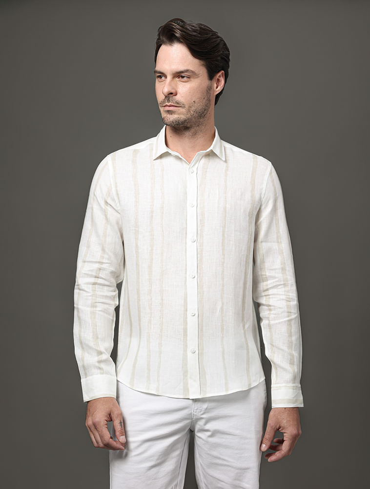 Camisa Masculina Linen Listras Calvin Klein - Branco