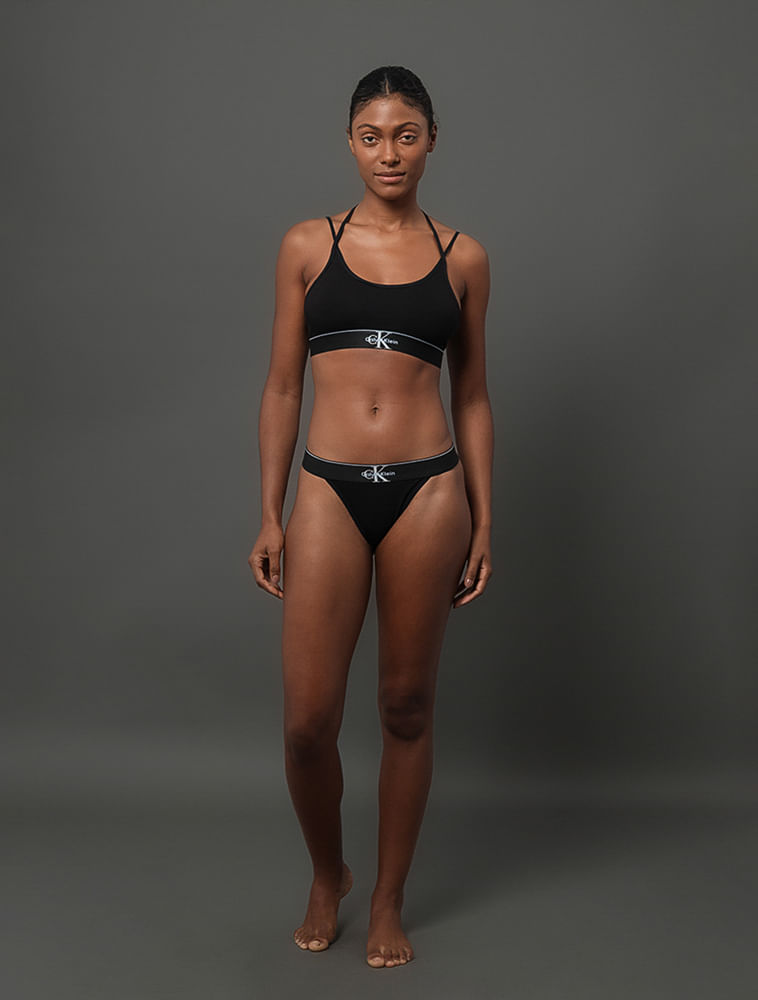 Calcinha Fio Dental Cotton Monogram Calvin Klein Underwear - Preto