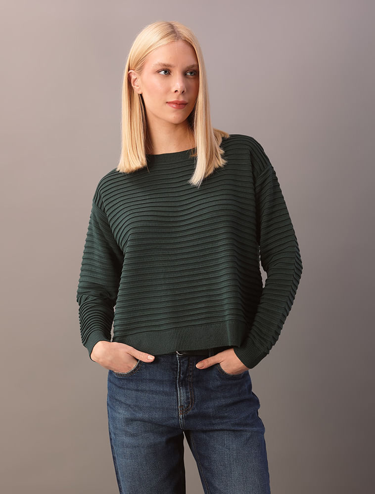 Tricot Calvin Klein Jeans Feminino Textura Listrado - Verde Médio