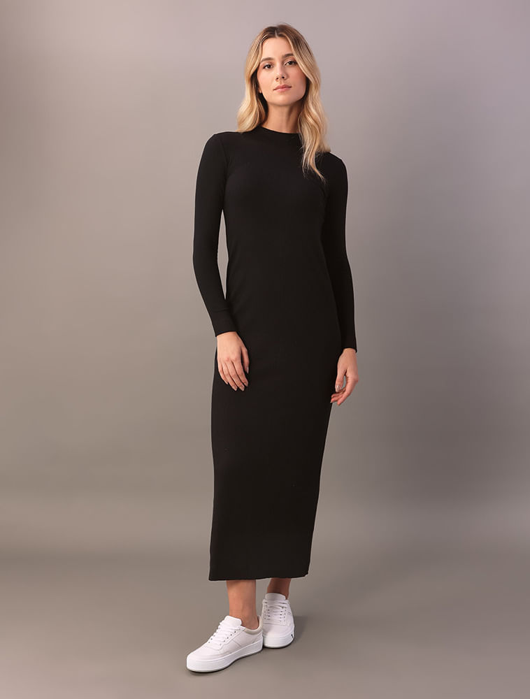 Vestido Manga Longa Calvin Klein Jeans Feminino Rib Trançador - Preto