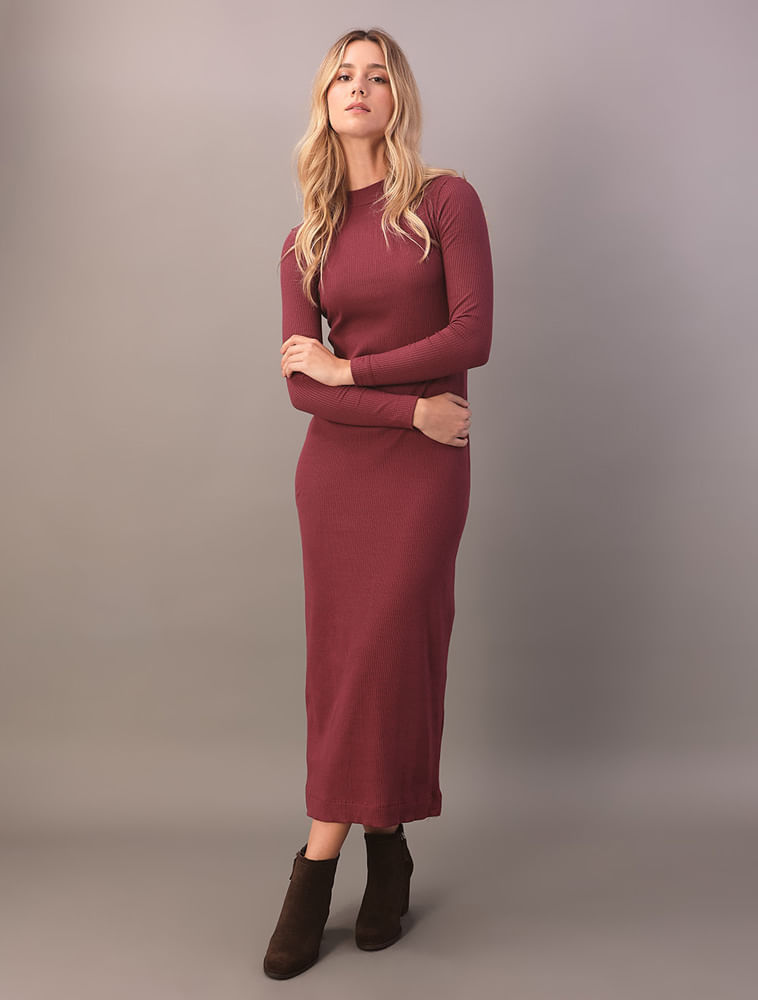 Vestido Manga Longa Calvin Klein Jeans Feminino Rib Trançador - Bordo