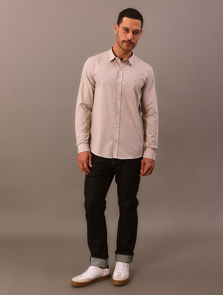 Camisa Manga Longa Slim Calvin Klein Jeans Micro Vichy - Caqui Claro