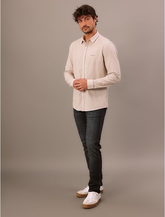Camisa Manga Longa Slim Listrada Silk Logo - Caqui Medio Camisa Manga Longa Slim Listrada Silk Logo Caqui Medio Gg
