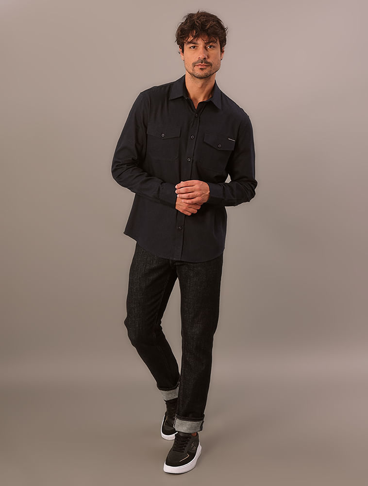 Camisa Manga Longa Calvin Klein Jeans Sarja Com Bolsos - Marinho