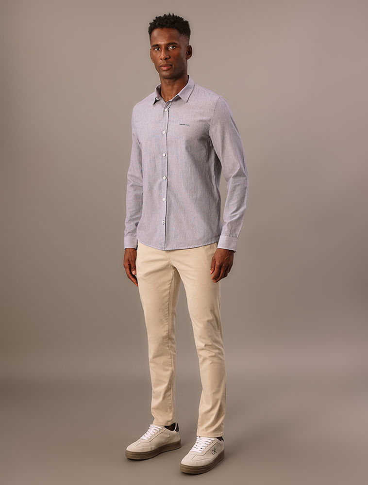Camisa Manga Longa Slim Listrada Silk Logo Calvin Klein Jeans - Azul Médio