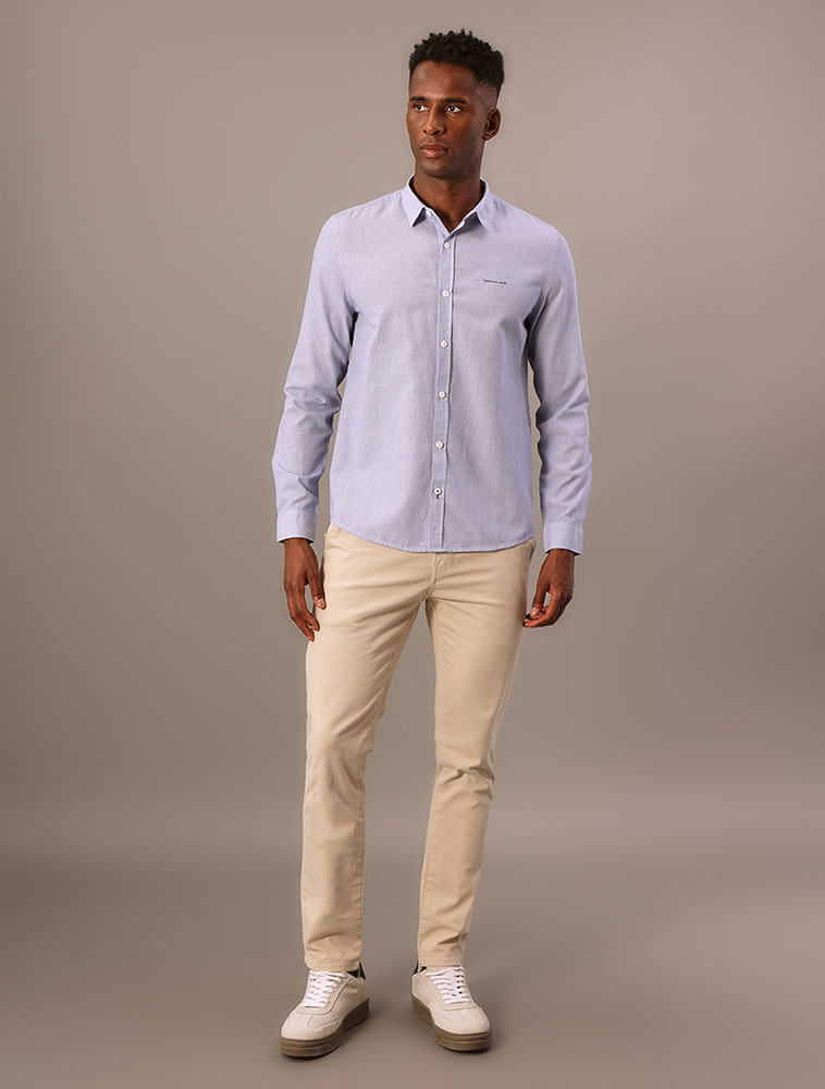 Camisa Manga Longa Slim Listrada Silk Logo Calvin Klein Jeans - Azul Marinho