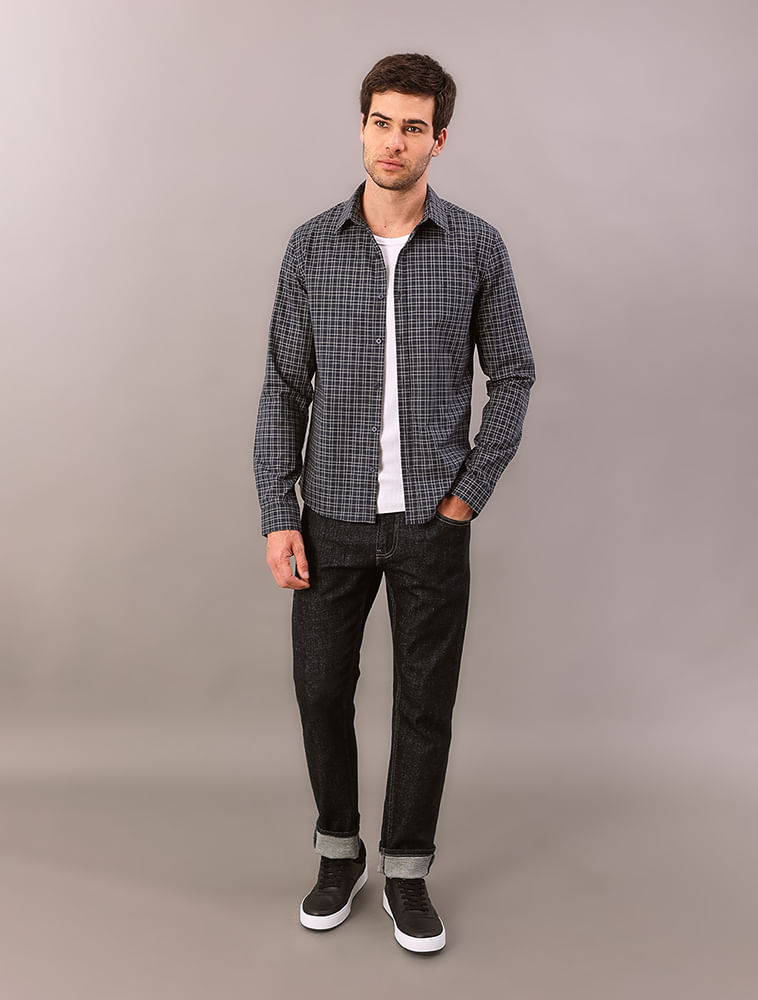 Camisa Manga Longa Masculino Slim Cotton Check - Marinho