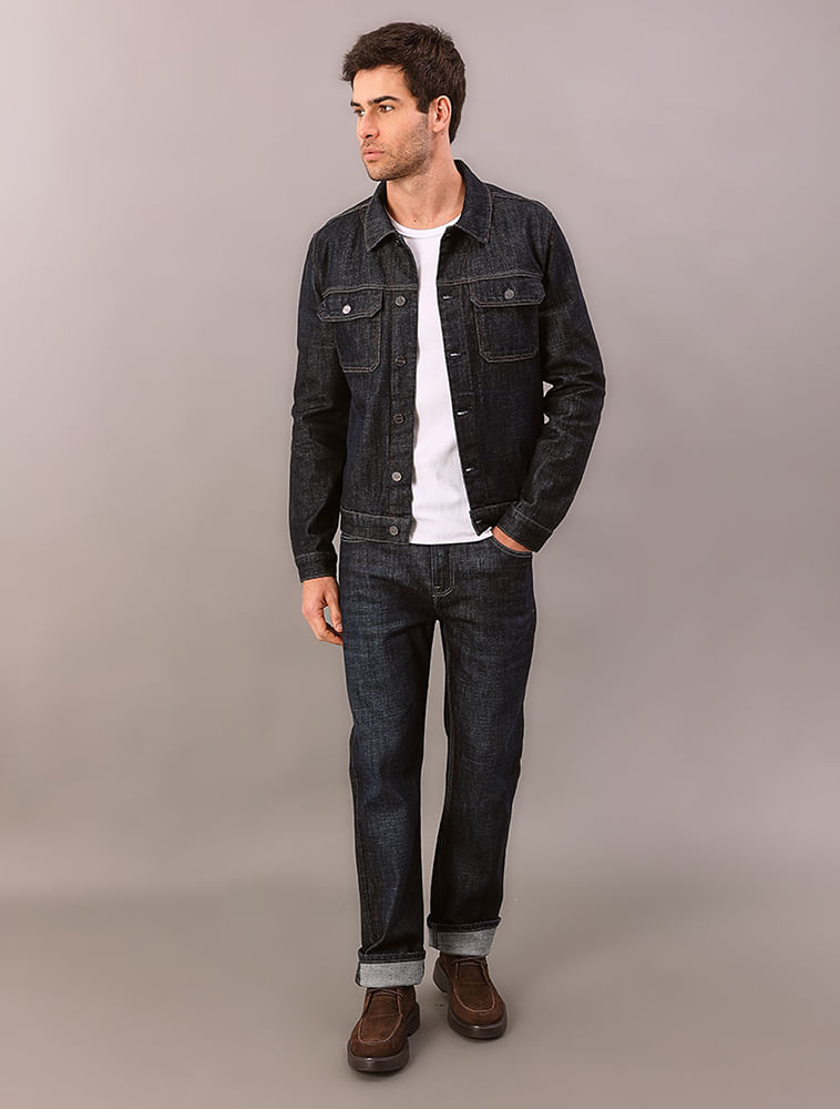 Jaqueta Jeans Bolsos Com Lapela - Marinho