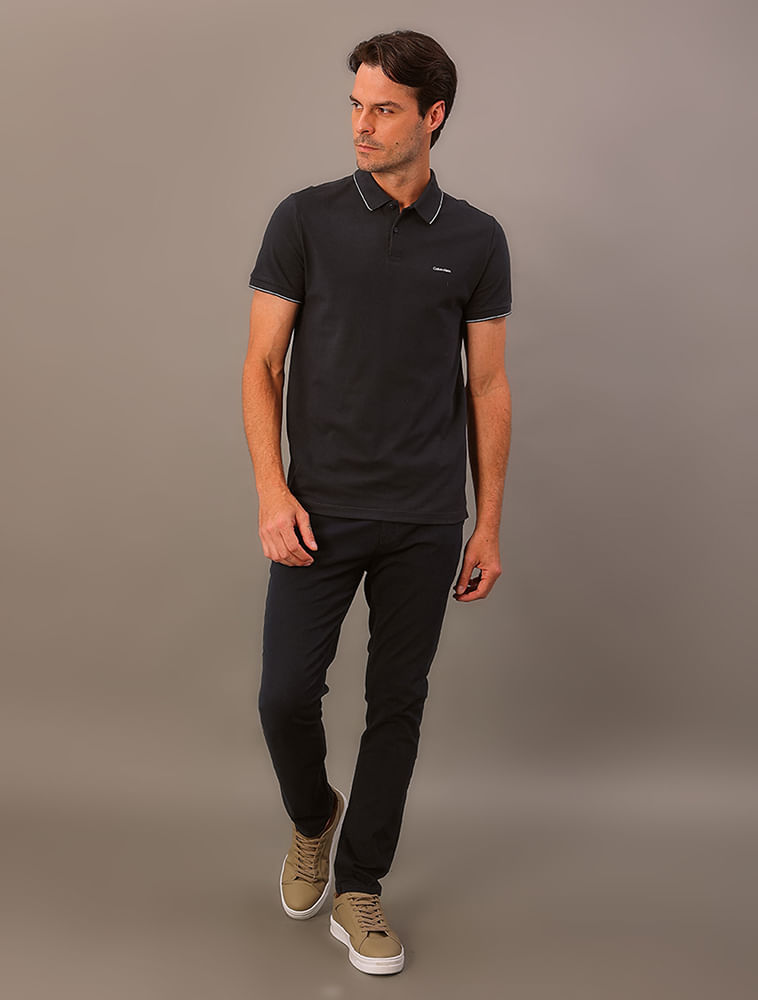 Camisa Polo Masculina Slim Básica Com Friso Calvin Klein - Azul Marinho - Camisa Polo Masculina Slim Básica Com Friso Calvin Klein Azul Marinho Ggg