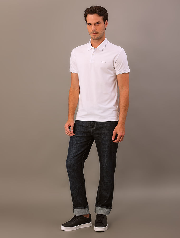 Camisa Polo Masculina Slim Básica Com Friso Calvin Klein - Branco - Camisa Polo Masculina Slim Básica Com Friso Calvin Klein Branco Ggg